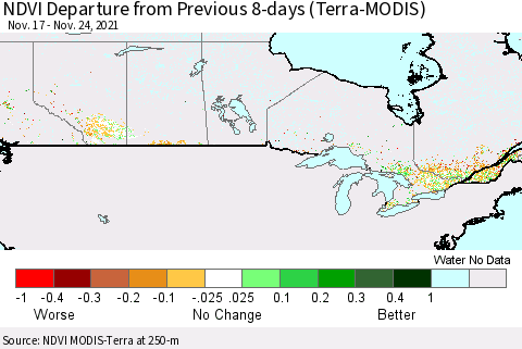 Canada NDVI Departure from Previous 8-days (Terra-MODIS) Thematic Map For 11/17/2021 - 11/24/2021