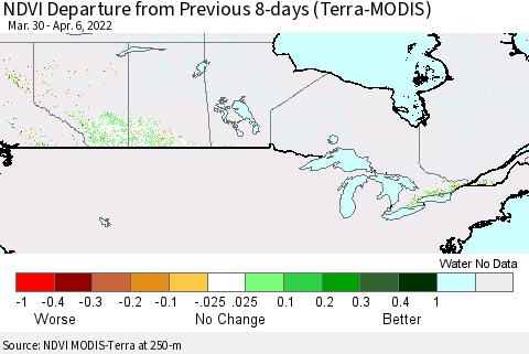 Canada NDVI Departure from Previous 8-days (Terra-MODIS) Thematic Map For 3/30/2022 - 4/6/2022