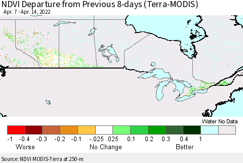 Canada NDVI Departure from Previous 8-days (Terra-MODIS) Thematic Map For 4/7/2022 - 4/14/2022