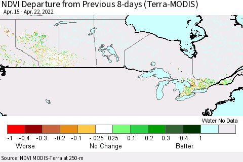 Canada NDVI Departure from Previous 8-days (Terra-MODIS) Thematic Map For 4/15/2022 - 4/22/2022