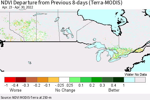 Canada NDVI Departure from Previous 8-days (Terra-MODIS) Thematic Map For 4/23/2022 - 4/30/2022