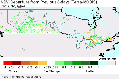 Canada NDVI Departure from Previous 8-days (Terra-MODIS) Thematic Map For 5/1/2022 - 5/8/2022