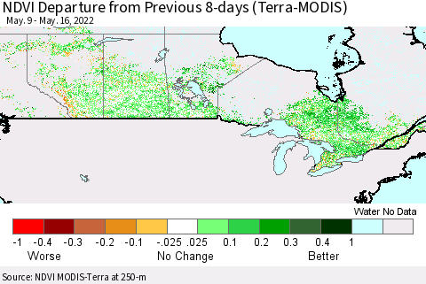 Canada NDVI Departure from Previous 8-days (Terra-MODIS) Thematic Map For 5/9/2022 - 5/16/2022