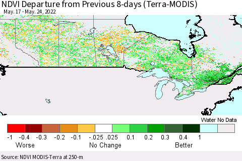 Canada NDVI Departure from Previous 8-days (Terra-MODIS) Thematic Map For 5/17/2022 - 5/24/2022