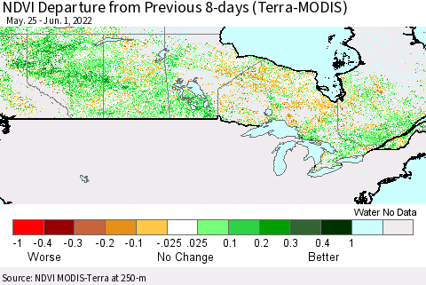 Canada NDVI Departure from Previous 8-days (Terra-MODIS) Thematic Map For 5/25/2022 - 6/1/2022