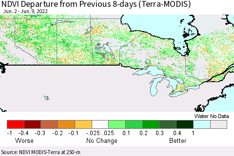 Canada NDVI Departure from Previous 8-days (Terra-MODIS) Thematic Map For 6/2/2022 - 6/9/2022