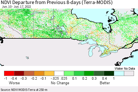 Canada NDVI Departure from Previous 8-days (Terra-MODIS) Thematic Map For 6/10/2022 - 6/17/2022