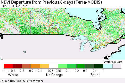 Canada NDVI Departure from Previous 8-days (Terra-MODIS) Thematic Map For 6/18/2022 - 6/25/2022
