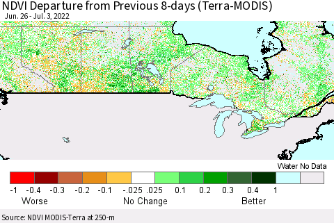 Canada NDVI Departure from Previous 8-days (Terra-MODIS) Thematic Map For 6/26/2022 - 7/3/2022