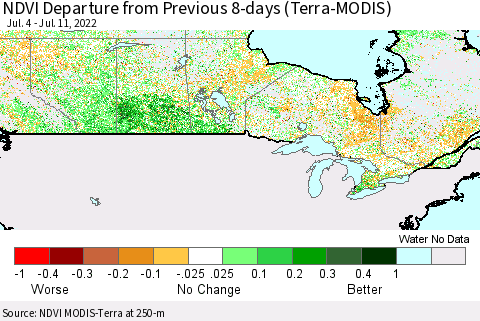 Canada NDVI Departure from Previous 8-days (Terra-MODIS) Thematic Map For 7/4/2022 - 7/11/2022