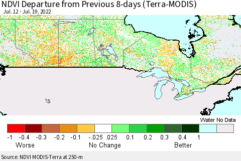 Canada NDVI Departure from Previous 8-days (Terra-MODIS) Thematic Map For 7/12/2022 - 7/19/2022