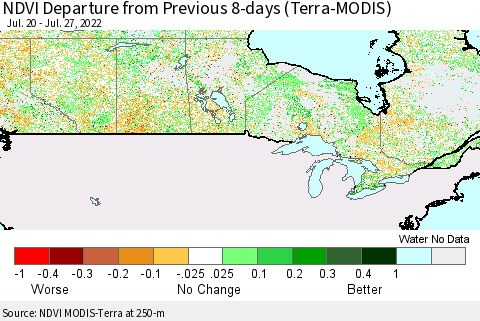 Canada NDVI Departure from Previous 8-days (Terra-MODIS) Thematic Map For 7/20/2022 - 7/27/2022