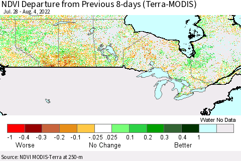 Canada NDVI Departure from Previous 8-days (Terra-MODIS) Thematic Map For 7/28/2022 - 8/4/2022