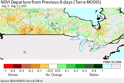 Canada NDVI Departure from Previous 8-days (Terra-MODIS) Thematic Map For 8/5/2022 - 8/12/2022