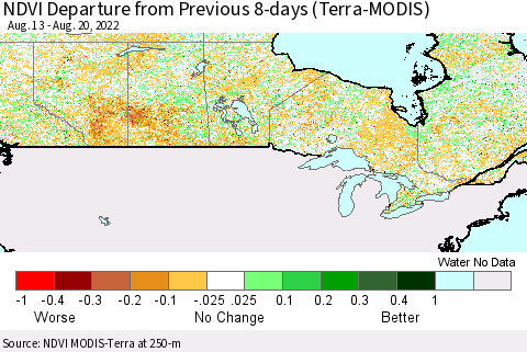 Canada NDVI Departure from Previous 8-days (Terra-MODIS) Thematic Map For 8/13/2022 - 8/20/2022