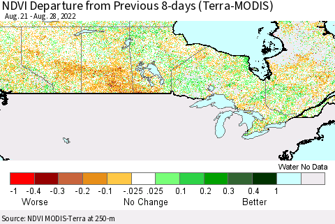 Canada NDVI Departure from Previous 8-days (Terra-MODIS) Thematic Map For 8/21/2022 - 8/28/2022