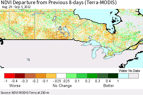 Canada NDVI Departure from Previous 8-days (Terra-MODIS) Thematic Map For 8/29/2022 - 9/5/2022