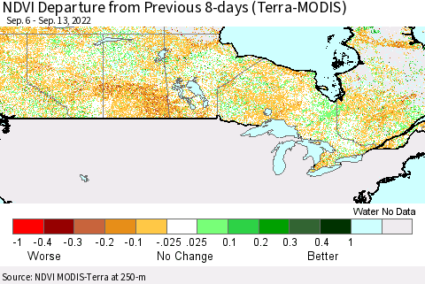 Canada NDVI Departure from Previous 8-days (Terra-MODIS) Thematic Map For 9/6/2022 - 9/13/2022