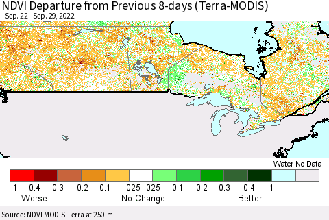 Canada NDVI Departure from Previous 8-days (Terra-MODIS) Thematic Map For 9/22/2022 - 9/29/2022