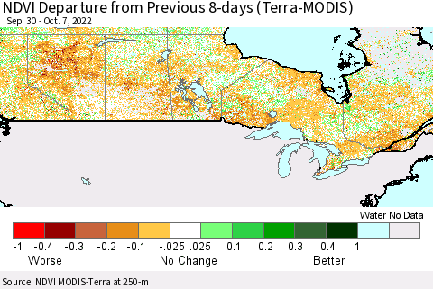 Canada NDVI Departure from Previous 8-days (Terra-MODIS) Thematic Map For 9/30/2022 - 10/7/2022