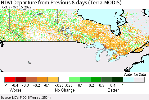 Canada NDVI Departure from Previous 8-days (Terra-MODIS) Thematic Map For 10/8/2022 - 10/15/2022