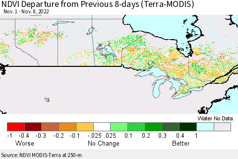 Canada NDVI Departure from Previous 8-days (Terra-MODIS) Thematic Map For 11/1/2022 - 11/8/2022