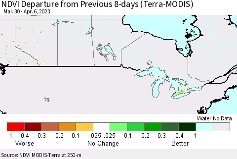 Canada NDVI Departure from Previous 8-days (Terra-MODIS) Thematic Map For 3/30/2023 - 4/6/2023