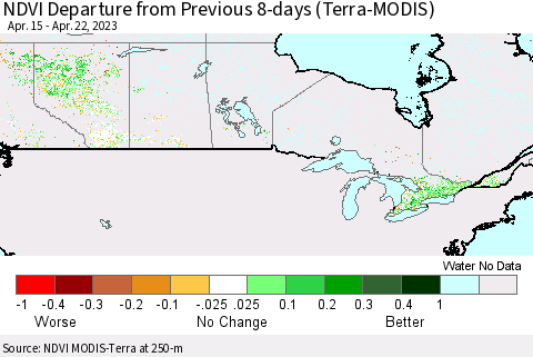 Canada NDVI Departure from Previous 8-days (Terra-MODIS) Thematic Map For 4/15/2023 - 4/22/2023