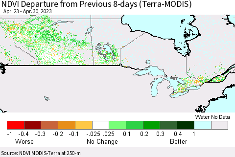 Canada NDVI Departure from Previous 8-days (Terra-MODIS) Thematic Map For 4/23/2023 - 4/30/2023