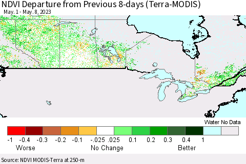 Canada NDVI Departure from Previous 8-days (Terra-MODIS) Thematic Map For 5/1/2023 - 5/8/2023