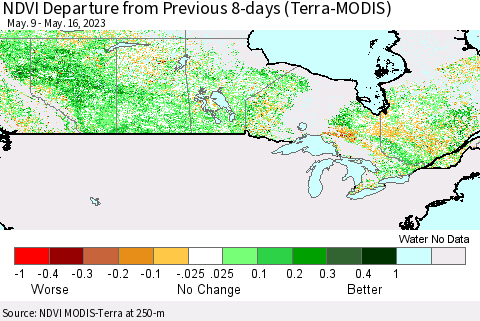 Canada NDVI Departure from Previous 8-days (Terra-MODIS) Thematic Map For 5/9/2023 - 5/16/2023