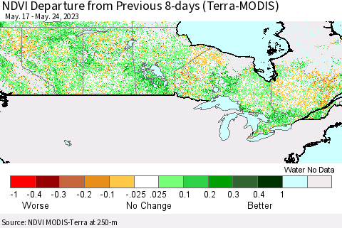 Canada NDVI Departure from Previous 8-days (Terra-MODIS) Thematic Map For 5/17/2023 - 5/24/2023
