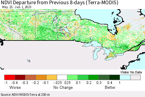 Canada NDVI Departure from Previous 8-days (Terra-MODIS) Thematic Map For 5/25/2023 - 6/1/2023