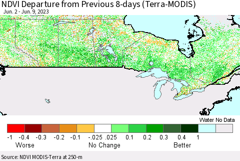 Canada NDVI Departure from Previous 8-days (Terra-MODIS) Thematic Map For 6/2/2023 - 6/9/2023
