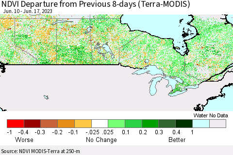 Canada NDVI Departure from Previous 8-days (Terra-MODIS) Thematic Map For 6/10/2023 - 6/17/2023