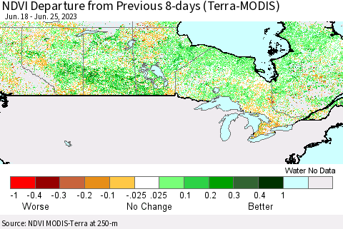 Canada NDVI Departure from Previous 8-days (Terra-MODIS) Thematic Map For 6/18/2023 - 6/25/2023