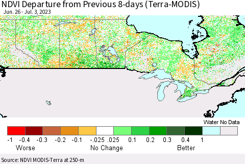 Canada NDVI Departure from Previous 8-days (Terra-MODIS) Thematic Map For 6/26/2023 - 7/3/2023