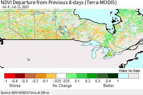 Canada NDVI Departure from Previous 8-days (Terra-MODIS) Thematic Map For 7/4/2023 - 7/11/2023