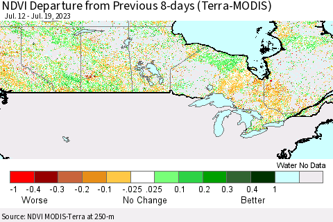 Canada NDVI Departure from Previous 8-days (Terra-MODIS) Thematic Map For 7/12/2023 - 7/19/2023