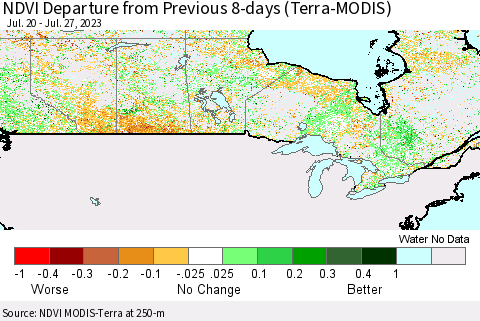 Canada NDVI Departure from Previous 8-days (Terra-MODIS) Thematic Map For 7/20/2023 - 7/27/2023