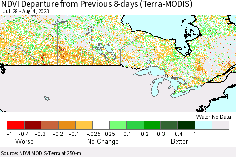 Canada NDVI Departure from Previous 8-days (Terra-MODIS) Thematic Map For 7/28/2023 - 8/4/2023