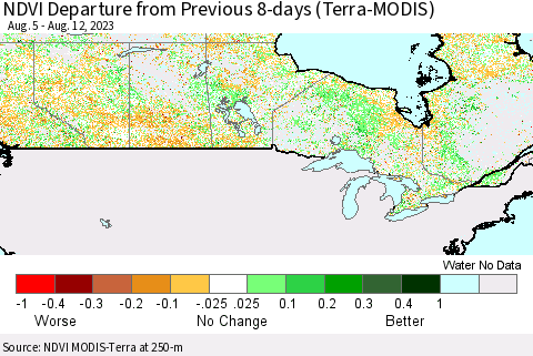 Canada NDVI Departure from Previous 8-days (Terra-MODIS) Thematic Map For 8/5/2023 - 8/12/2023