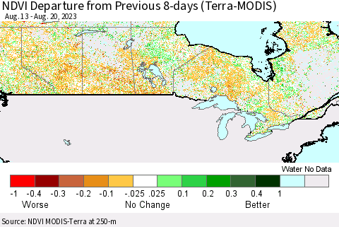 Canada NDVI Departure from Previous 8-days (Terra-MODIS) Thematic Map For 8/13/2023 - 8/20/2023