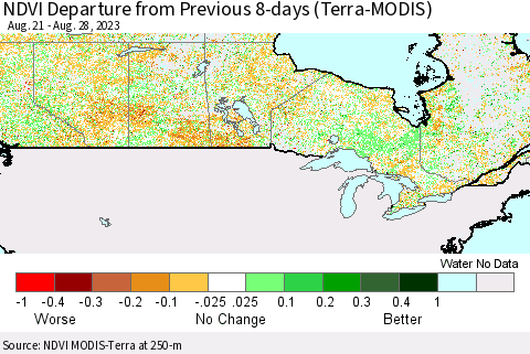 Canada NDVI Departure from Previous 8-days (Terra-MODIS) Thematic Map For 8/21/2023 - 8/28/2023