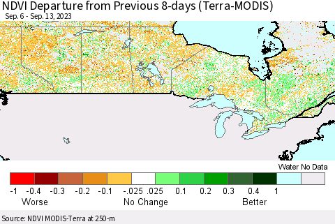 Canada NDVI Departure from Previous 8-days (Terra-MODIS) Thematic Map For 9/6/2023 - 9/13/2023