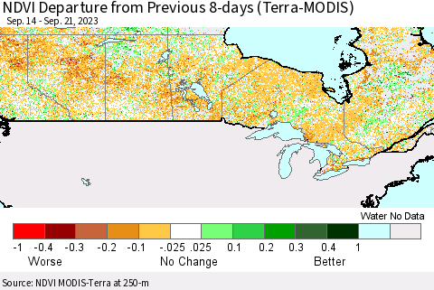 Canada NDVI Departure from Previous 8-days (Terra-MODIS) Thematic Map For 9/14/2023 - 9/21/2023