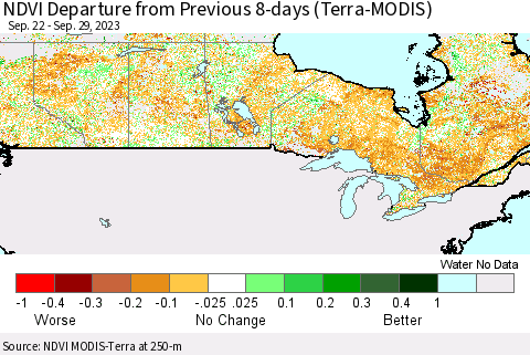 Canada NDVI Departure from Previous 8-days (Terra-MODIS) Thematic Map For 9/22/2023 - 9/29/2023