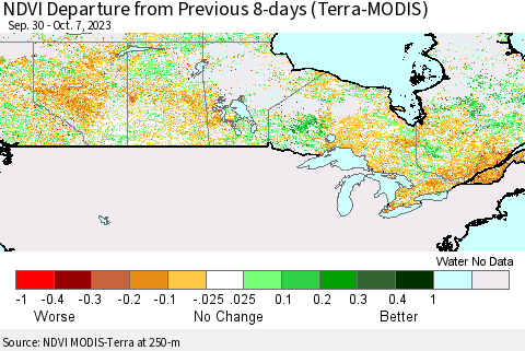 Canada NDVI Departure from Previous 8-days (Terra-MODIS) Thematic Map For 9/30/2023 - 10/7/2023