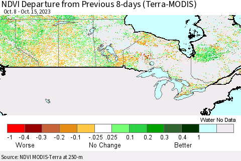 Canada NDVI Departure from Previous 8-days (Terra-MODIS) Thematic Map For 10/8/2023 - 10/15/2023