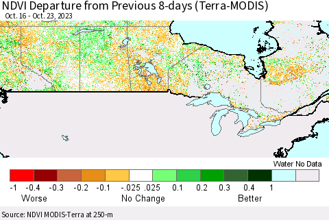 Canada NDVI Departure from Previous 8-days (Terra-MODIS) Thematic Map For 10/16/2023 - 10/23/2023